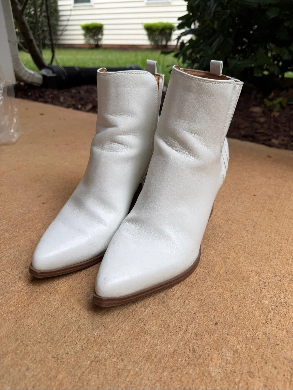 Indigo White Leather Ankle Booties with Stacked Brown Block Heel